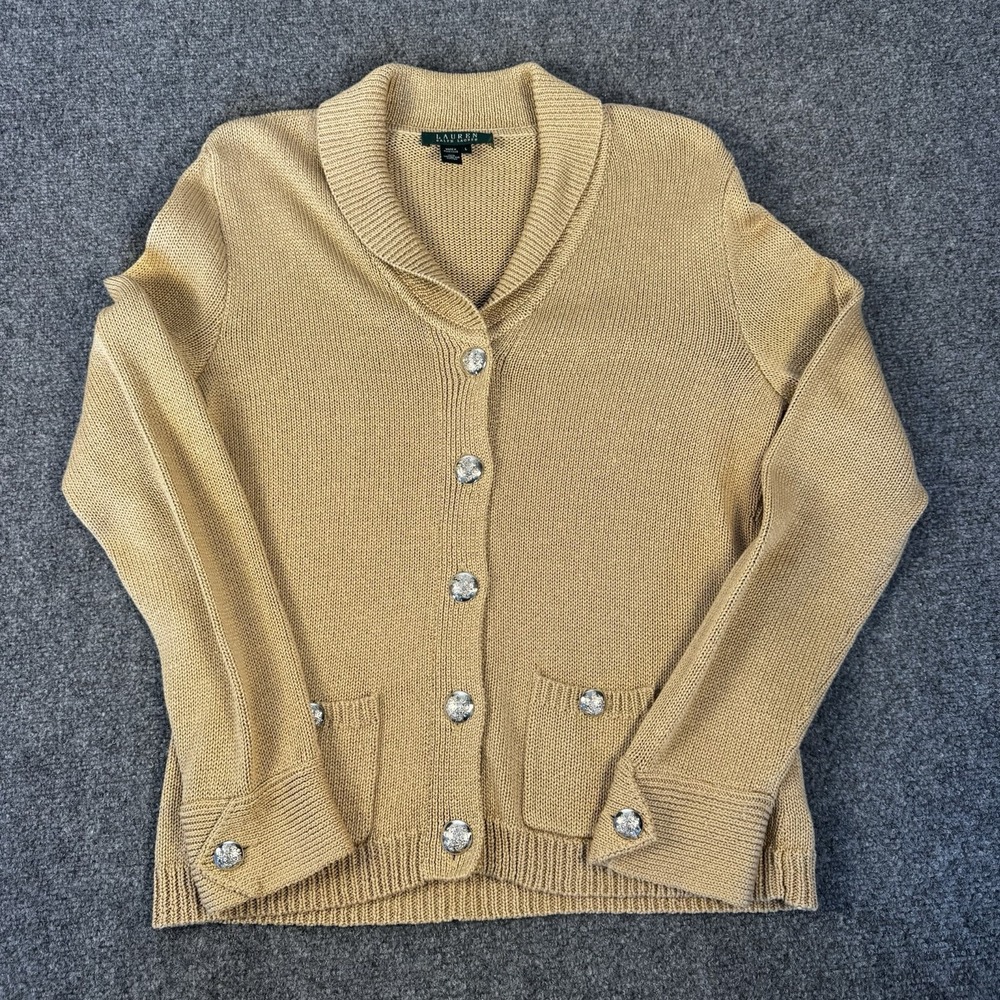 Lauren Ralph Lauren Cardigan Sweater Womens L Tan Beige Shawl Collar Cotton